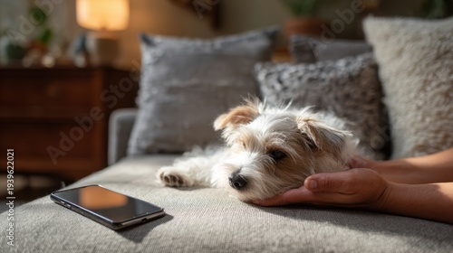 Small white terrier comforted by owner on sofa with smartphone nearby for pet care and social media design, card, poster, background