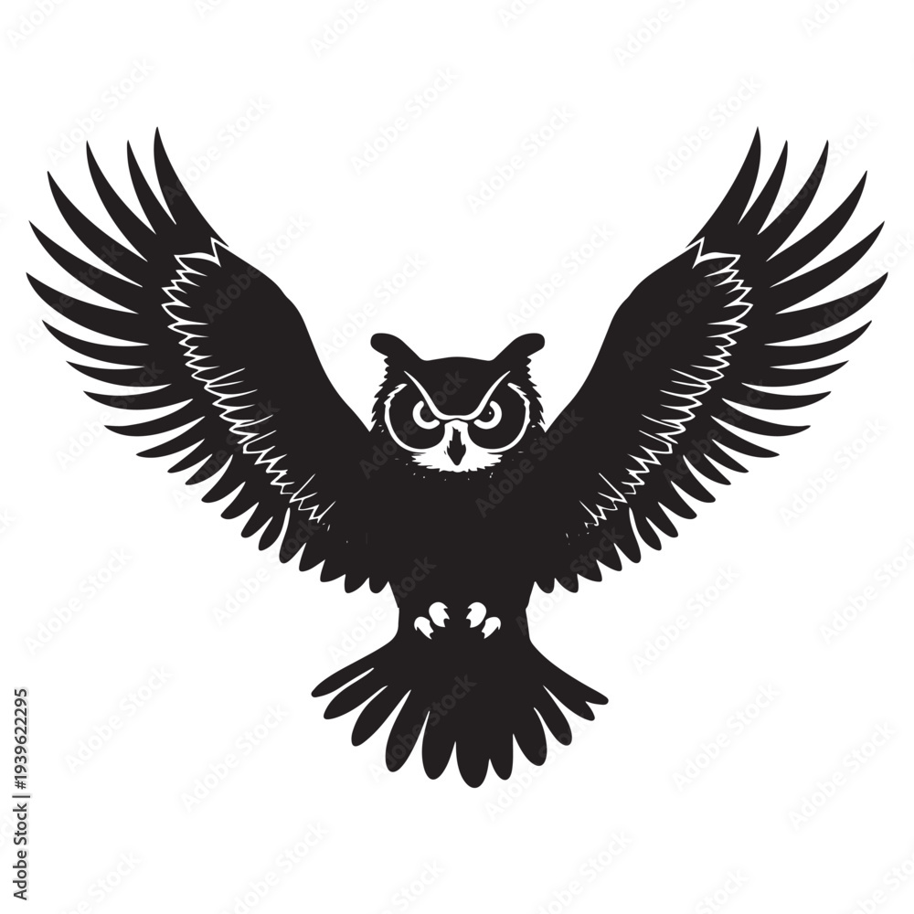 Obraz premium Black owl flying wings spread vector illustration flat design