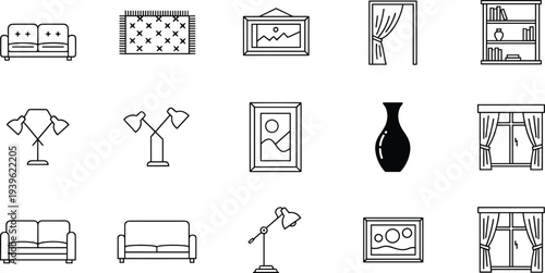 Set of home interior line icons including sofa lamp window curtain rug bookshelf and picture frame, minimalist furniture symbols for living room design vector.