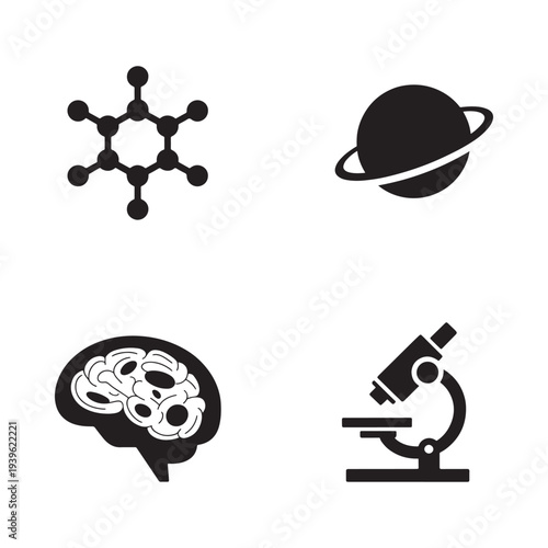 Science icons depicting a planet brain molecule and microscope
