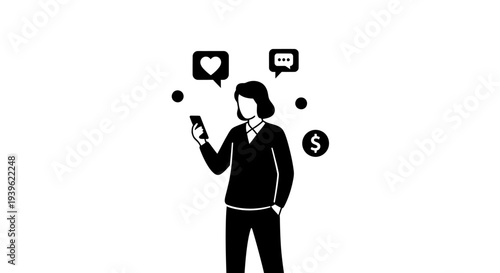 Person with smartphone surrounded by social media and dollar sign on white background Keywords:... d