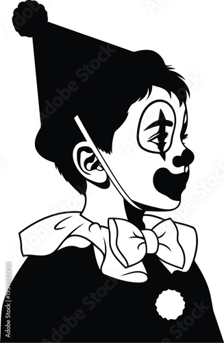 Black and white silhouette profile of a young clown boy with party hat