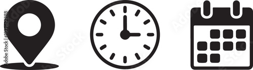 Location, Time, and Date Icon Set – Black and White
