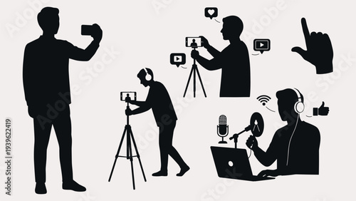 Content creator silhouettes set for video streaming and digital podcastingContent creator silhouettes set for video streaming and digital podcasting