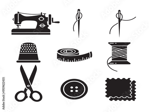 Seamstress tools and accessories icon set