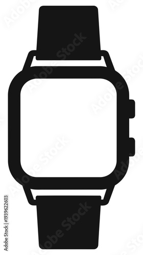 Simple black and white illustration of a smartwatch with a square face and strap on a white background showcasing modern wearable technology and digital timekeeping.