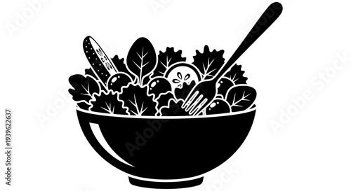 Fresh healthy salad with fork and knife in a bowl graphic illustration