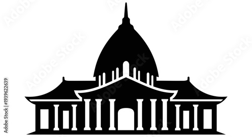 Simple black silhouette of a building with columns and a large central dome against a white background representing classic architectural design elements