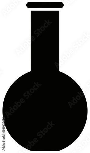Simple black silhouette of a laboratory flask on a white background representing scientific experimentation and research in a minimalistic style
