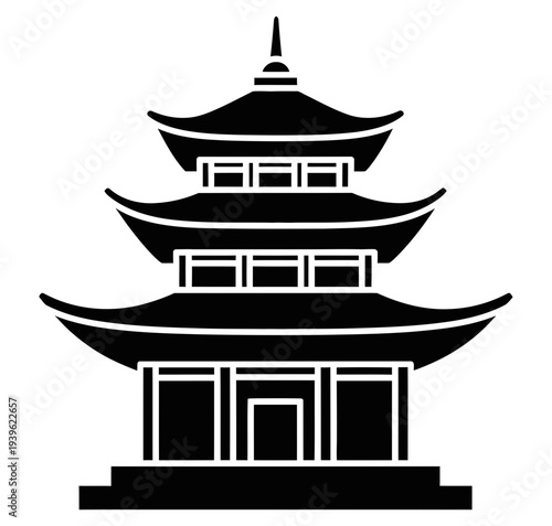 Simple black and white graphic illustration of a traditional Asian style pagoda building with multiple tiers and a pointed spire