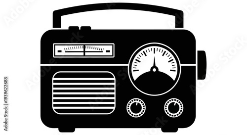 Vintage retro black and white illustration of a classic radio with dials and handle perfect for nostalgic designs and broadcasting themes