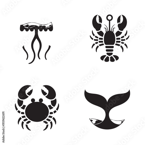 Black silhouettes of marine creatures lobster crab whale tail and jellyfish
