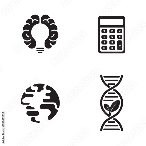 Black icons representing ideas calculation earth and genetic research