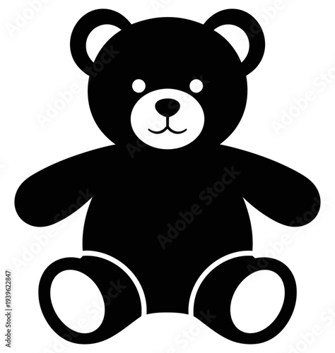 Black silhouette teddy bear with white accents sitting on a white background perfect for plush toy designs and children's illustration projects