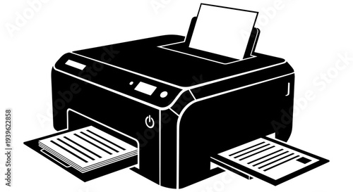 Modern office printer illustration with paper tray and printed documents on a white background showcasing office equipment and technology
