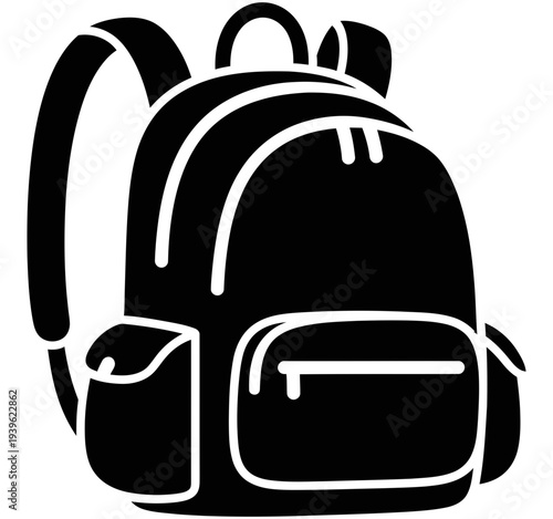 Simple black and white illustration of a backpack with multiple compartments and pockets ideal for school or travel