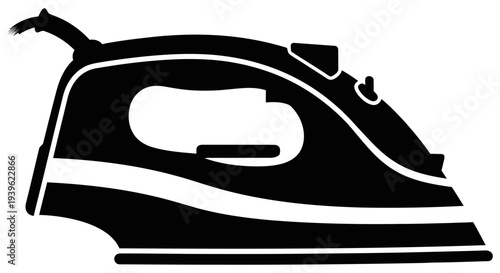 Simple black and white graphic illustration of a modern electric iron on a white background, showcasing sleek design and minimalist style.