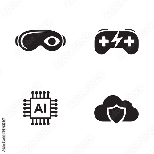 Four black icons representing surveillance power ai and cloud security