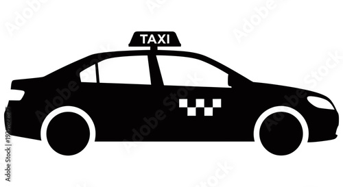 Simple black and white graphic illustration of a taxi car with checkered pattern on the side and taxi sign on the roof