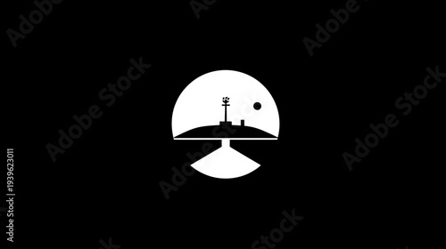 Abstract minimalist futuristic cityscape icon on a distant alien planet or moon, sci-fi design silhouette on a dark background.