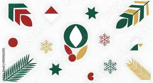 Festive Green and Gold Holiday Elements Snowflakes, Pine Branches, and Berries