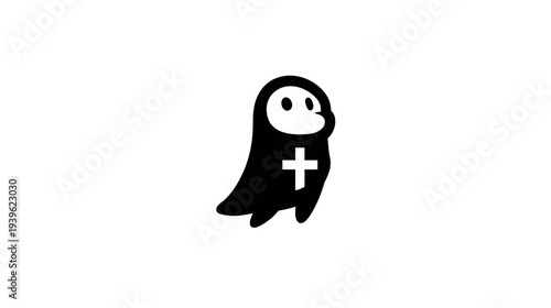 Cute cartoon ghost with cross icon on white background, spiritual minimalist character design, religious symbol illustration
