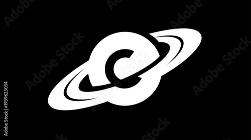 Minimalist white letter C with planetary rings on a black background. Stylized space icon or logo concept.