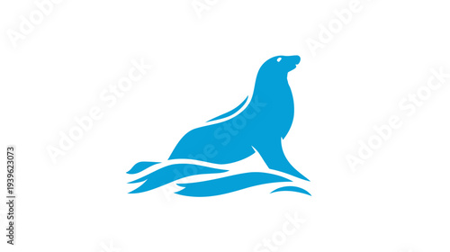Stylized Blue Seal or Sea Lion Graphic Icon on White Background, Sitting on Water, Marine Animal Illustration