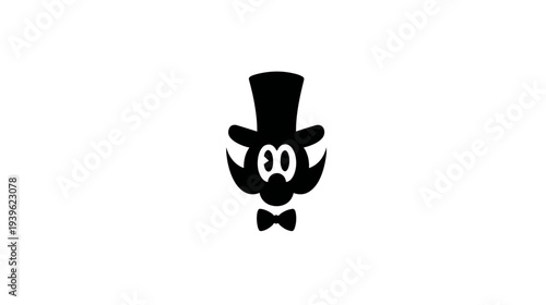 Stylized cartoon gentleman character with a top hat, handlebar mustache, and bow tie on a white background, whimsical illustration