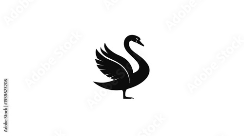 Elegant black swan silhouette, a minimalist graphic vector icon of a standing waterfowl bird with raised wings on a white background.