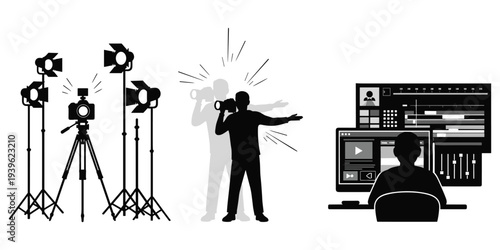 Video production filming editing camera studio technology vector illustrationVideo production filming editing camera studio technology vector illustration