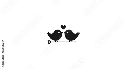 Cute black bird couple with heart icon on an arrow, symbolizing love, romance, togetherness, and Valentine's Day. Simple graphic illustration.