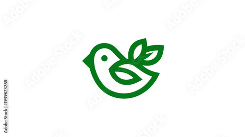 Minimalist green bird illustration with leaf-shaped wings. Simple graphic icon representing nature, ecology, environment, and organic concepts.