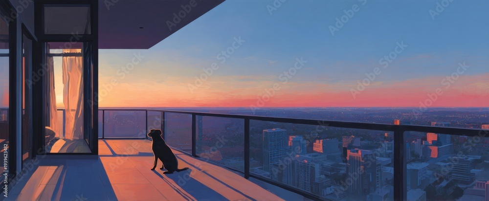Naklejka premium Dog silhouette on a balcony at sunset over city skyline for poster, background and digital design with pastel minimalist mood