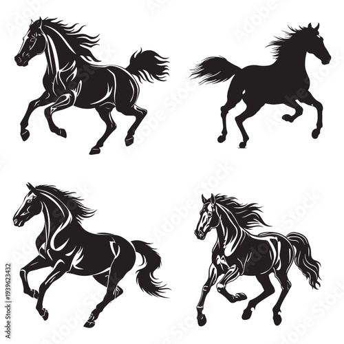 Four galloping black horses running wild vector illustration flat design