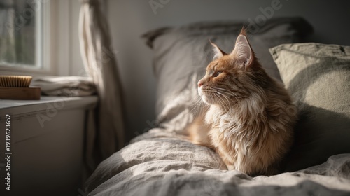Ginger longhair cat relaxing on bed by window in warm morning light for design, poster, background