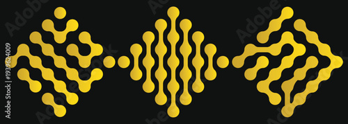 Yellow Pattern of Red metaballs isolated on black background. Modern geometric shapes of liquid connected drops. Vector illustration. Abstract geometric figures of connected molecules.