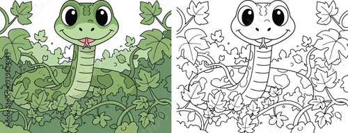 Cute Cartoon Green Snake in Jungle Vines Adorable Reptile Wildlife Illustration