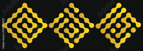 Pattern of golden meta balls isolated on black background. Modern geometric shapes of liquid connected drops. Vector illustration. EPS 10.