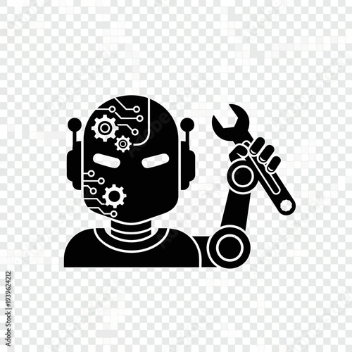 Black robot with gears and circuits in head holding a wrench with transparent background... tool des