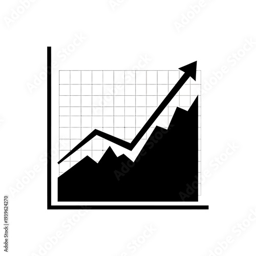 Black silhouette of a financial growth chart with upward trending arrow on white background d