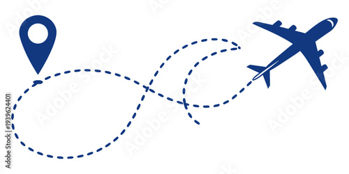Airplane flying on a dotted path with a location pin