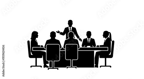 Business meeting silhouette with leader addressing team around a conference table on white
