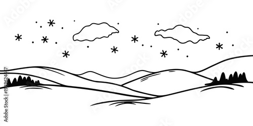 A serene winter landscape with rolling hills and snowfall