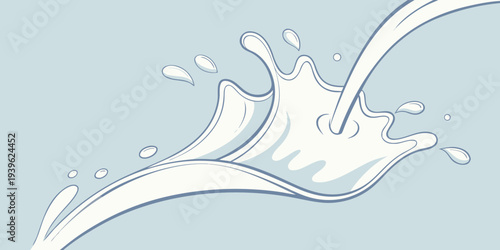 Splashing milk droplets in motion on light blue background
