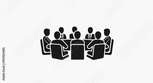 Business meeting with eight people seated around a circular table in silhouette on white background