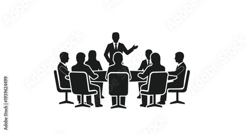 Business meeting with leader addressing group of silhouetted figures around a conference table