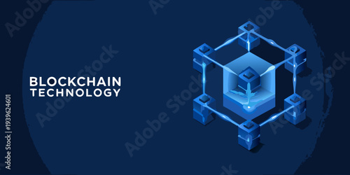 Isometric blockchain network design with glowing blue geometric elements