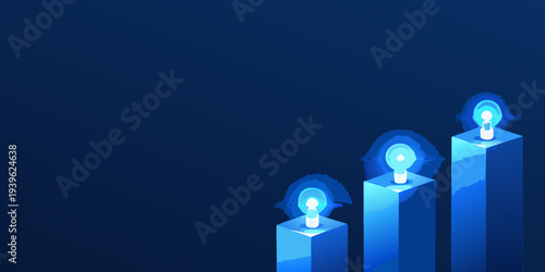 Illuminated blue candles arranged in descending height against a dark backdrop