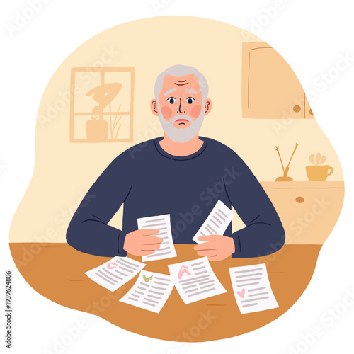 Elderly man looking anxious. Senior man feeling worried. Elderly man showing concern. Anxious senior man indoors. Elderly set